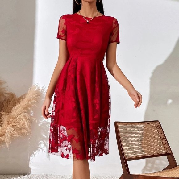 Red Preppy Womens Butterfly Print Popover Hem Dress - Picture 3 of 5